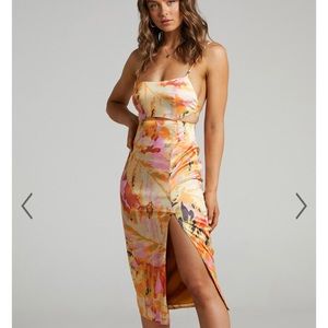 Sky High Midi Dress with Cut Outs in Abstract Palm